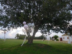 Árbol con lazos blancos y pompones de papel en Dehesa Bolaños