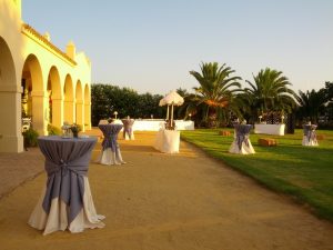 Aperitivo en jardín con alpacas a modo asiento en Dehesa Bolaños