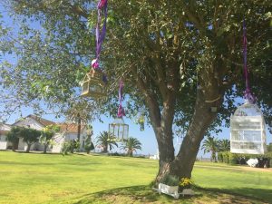 Árbol con jaulas y flores en tarros de cristal - Boda Mamen & Carlos en Dehesa Bolaños