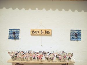 Seating plan en mesa antigua con macetas y fotos de invitados - Boda Carmen & Alexis en Dehesa Bolaños